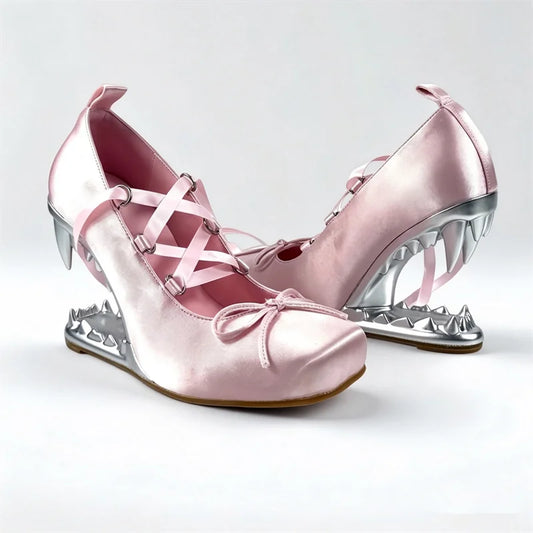 Pink satin square toe shark tooth wedge heels with ribbon lace up