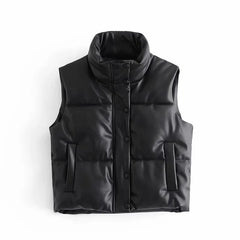 Puffy Vest Thick Black PU Faux Leather Down Waistcoat