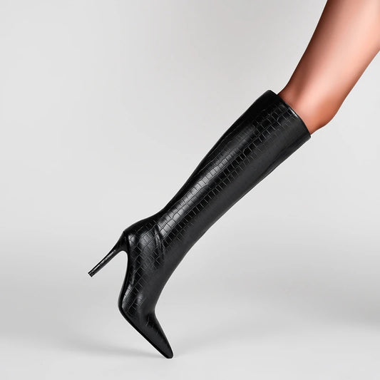 Pointed toe stone pattern knee-high boot