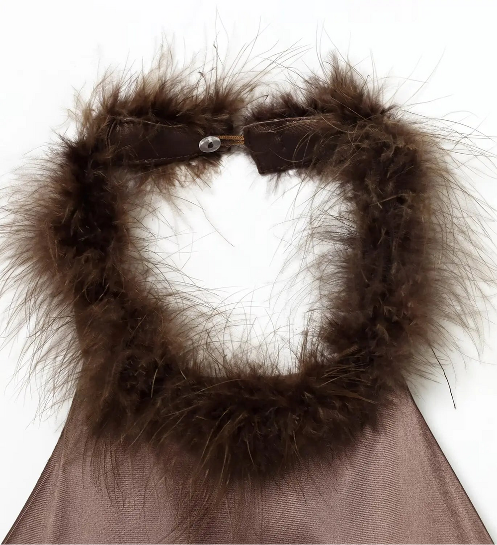 Brown fur-trimmed garment on a white background