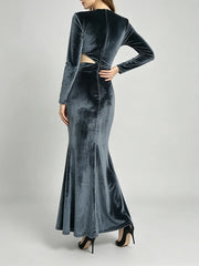 Velvet V-Neck Side Cutout Long Sleeve High Slit Maxi Dress