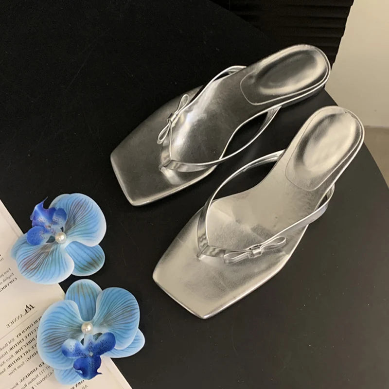 Blue Flowers Clip Toe Silver Flat Sandals