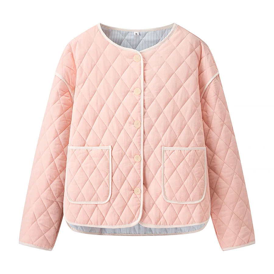 Pink quilted jacket with two front pockets on a white background
