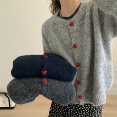 Gray Soft Knit Heart-shaped Long Sleeve Cardigan