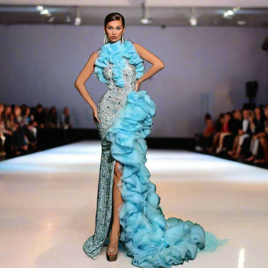 Women Blue Ruffles Mermaid Lace Side Split Prom Dress