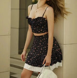 Print Lacing up Bow Camisole and White Lace Hem A-line Mini Skirt Set