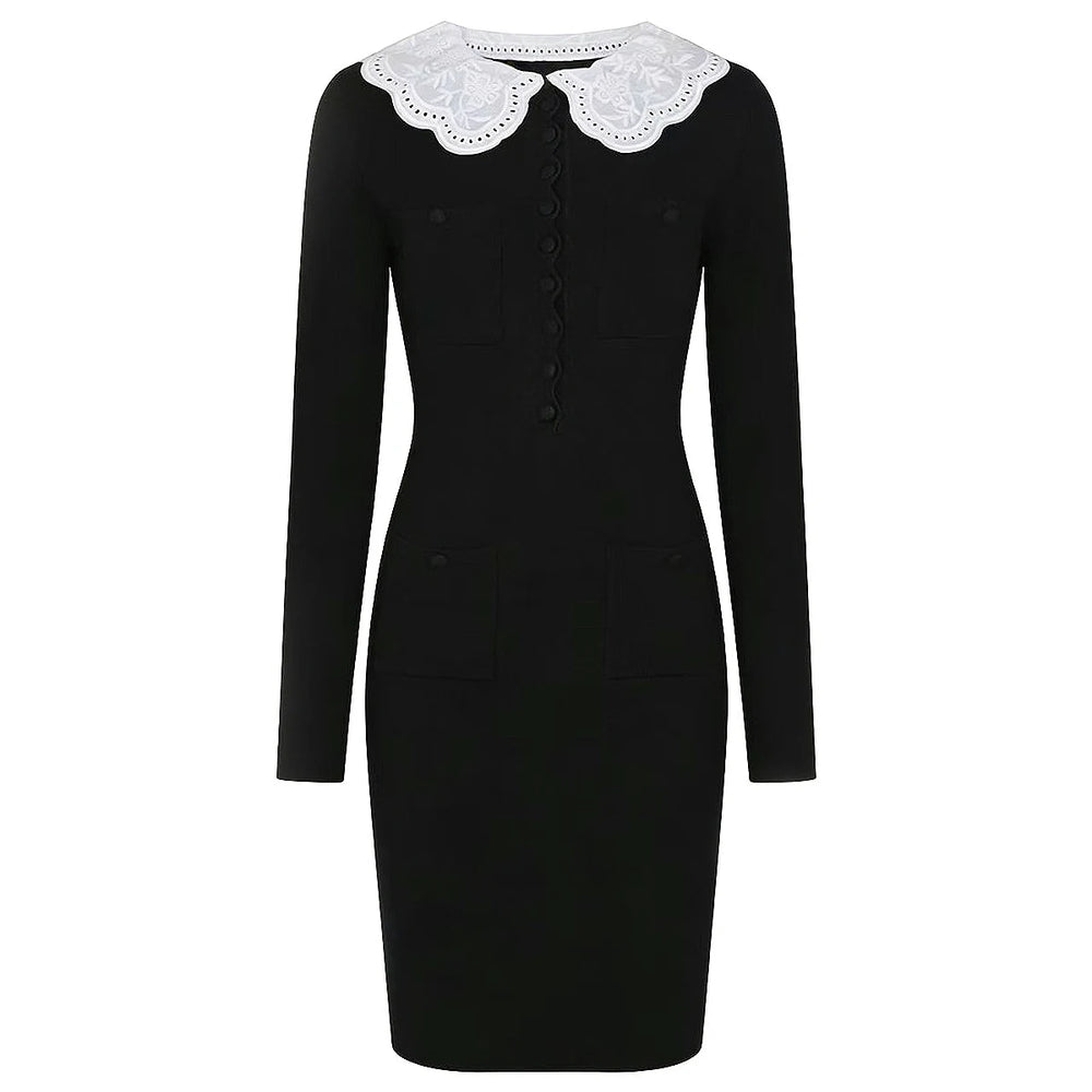 Black knit pencil dress with embroidered lace collar and button details.