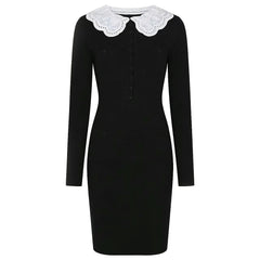 Black knit pencil dress with embroidered lace collar and button details.
