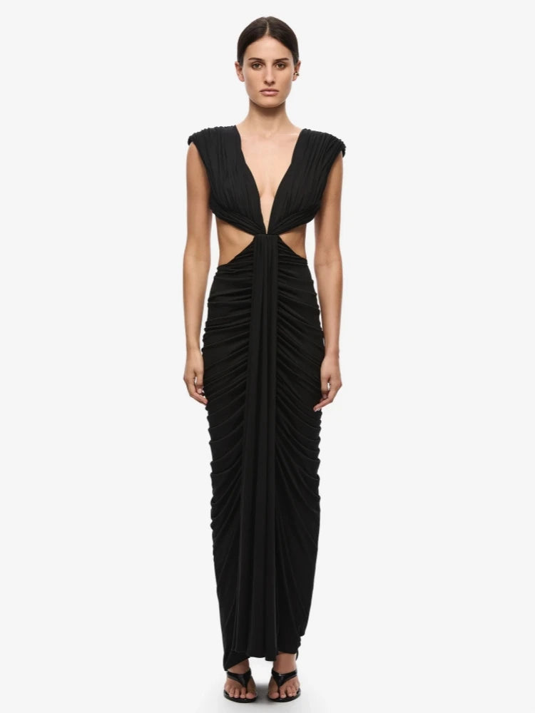 Front view of Ruched Deep V Neck Cutout Maxi Dress