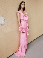 Pink Dress Ruffle Layer Flower Mermaid V-neck Floor Length Dress