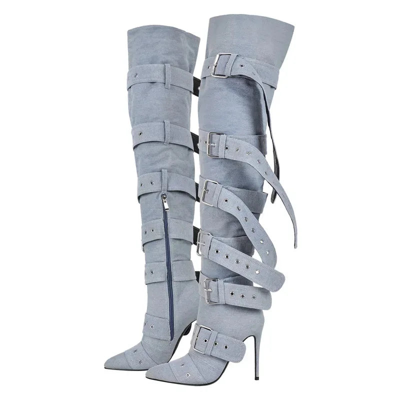 Grey high-heeled knee boots with multiple straps