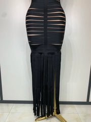 Sleeveless Square Neck Tassel Hem Bandage Midi Dress