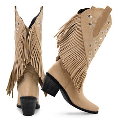 Fringe Star Embellished Pointed Toe Boots