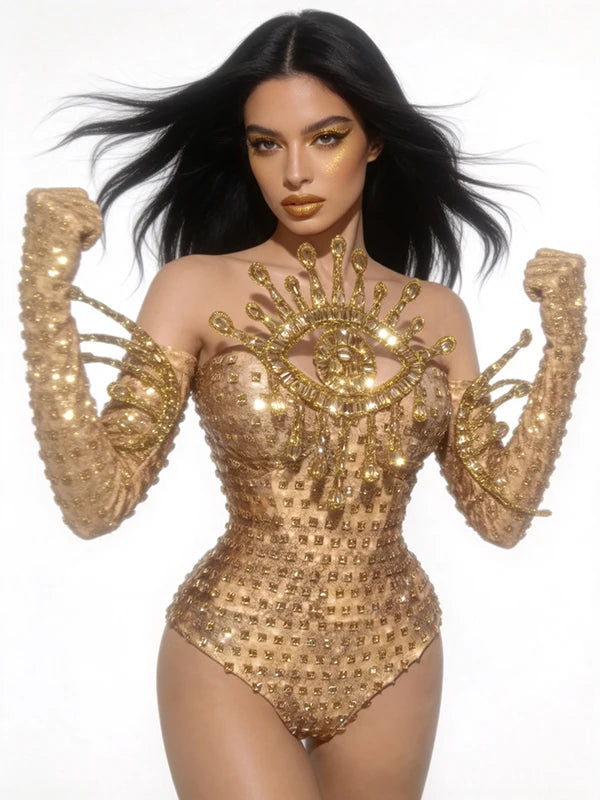 Golden eye embellished bodysuit with long sleeves
