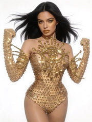Golden eye embellished bodysuit with long sleeves