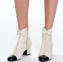 Pearl Bow knot Low Heel Ankle Boots Round Toe Zip Booties