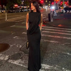 High Neck Draped Ruched Maxi Dress