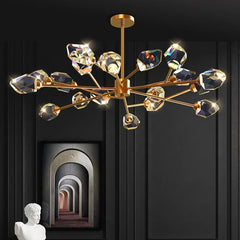  Sparkling crystal chandelier hanging in an elegant living room, creating a luxurious ambiance. Golden Atelier 1