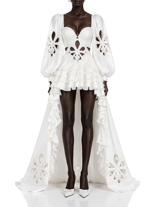 White square neck lantern sleeve maxi dress with ruffle skirt