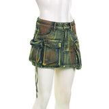 Tie Dye Cargo Multi Pocket Mid Waist Button Denim Mini Skirt