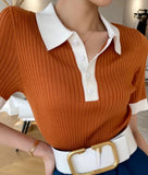 Women's Knitted Fabric POLO Collar Solid T-shirts