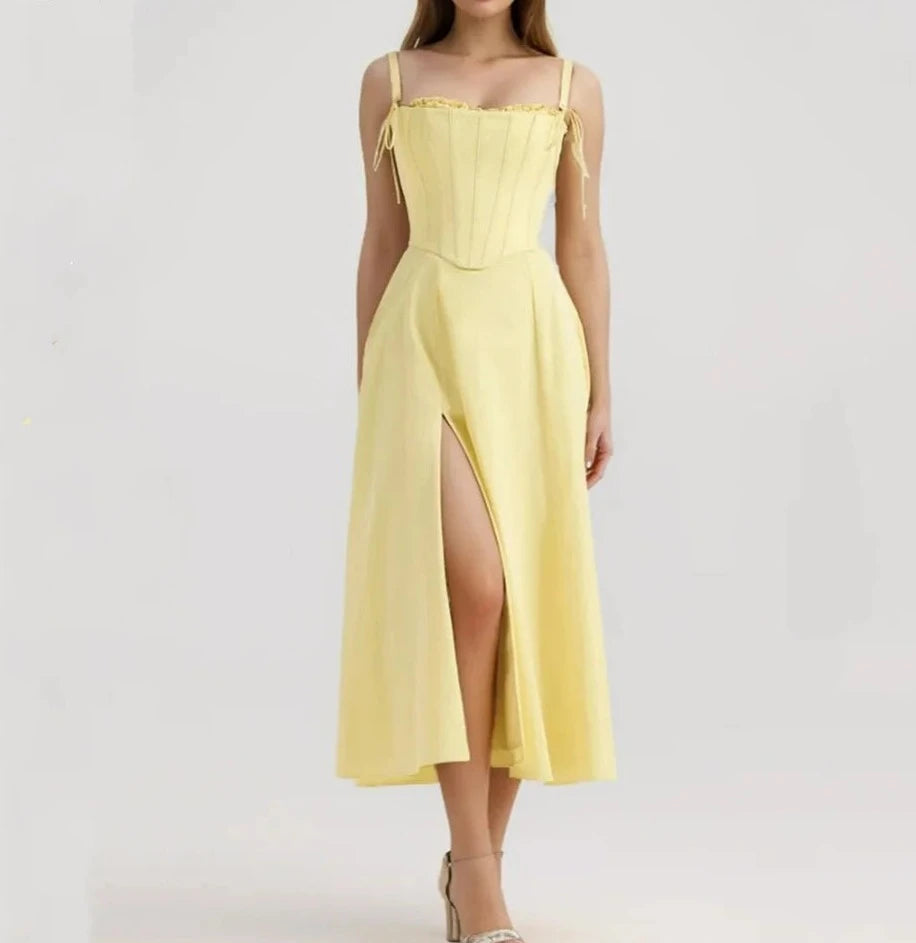 Solid Yellow Slit Strapless Midi Dress Cross Lacing up Top Set