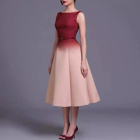 Sleeveless ombre A-line midi dress with boat neckline and slim waist belt, burgundy to blush