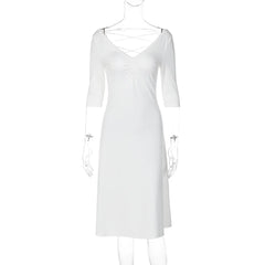 V-Neck Three Quarter Sleeve Backless Tie Up Midi Dress