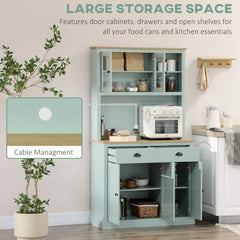 Kitchen storage unit with cabinets, drawers, and open shelves, featuring a laptop icon with 'Cable Management' text.