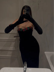 Open Shoulder 3D Floral Sequins Black Velvet Long Dress With Gloves