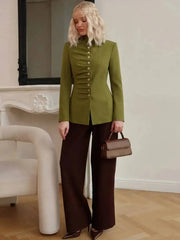 Ruched Pleated Buttoned Mandarin Collar Blazer