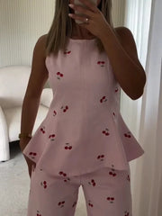 Cherry Print Peplum Top and Wide Leg Pants Set