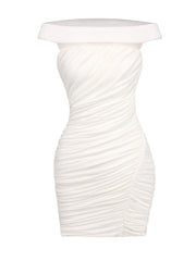 White Slash Neck Ruched Bodycon Mini Dress