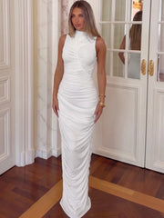 White mock neck ruched maxi dress front view