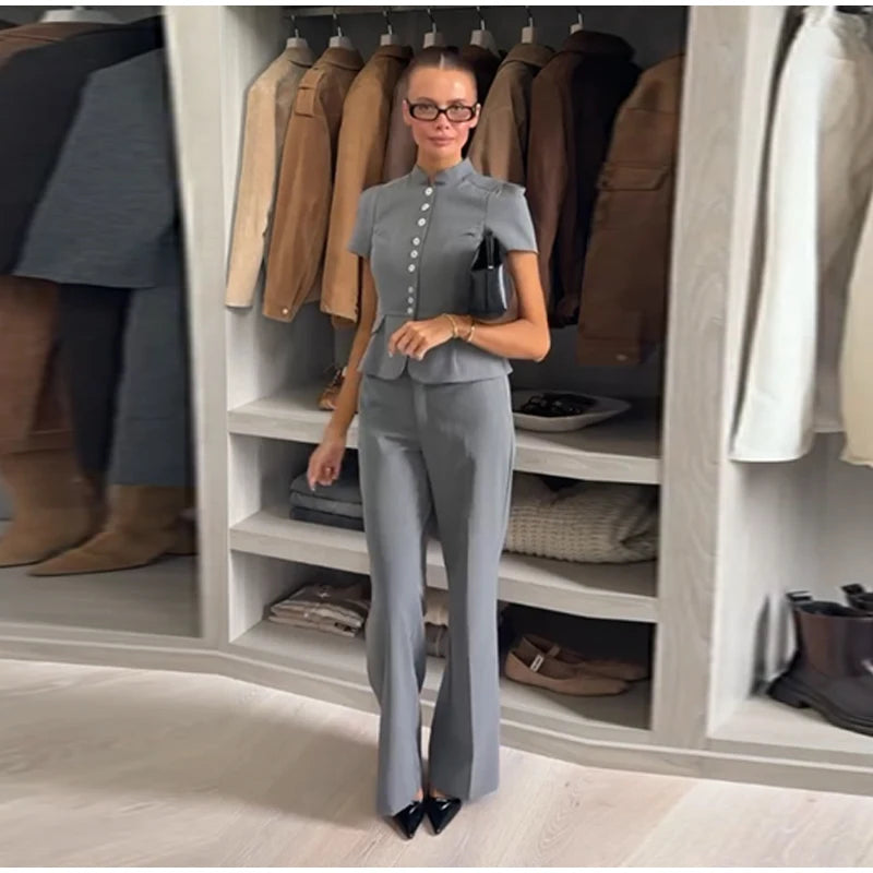 Short sleeve mandarin collar pinstripe fitted blazer and wide leg pants two-piece set