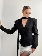 Padded Shoulder V-Neck Blazer With Scarf