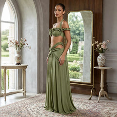 Halter Ruffle Crop Top and Cutout Maxi Skirt