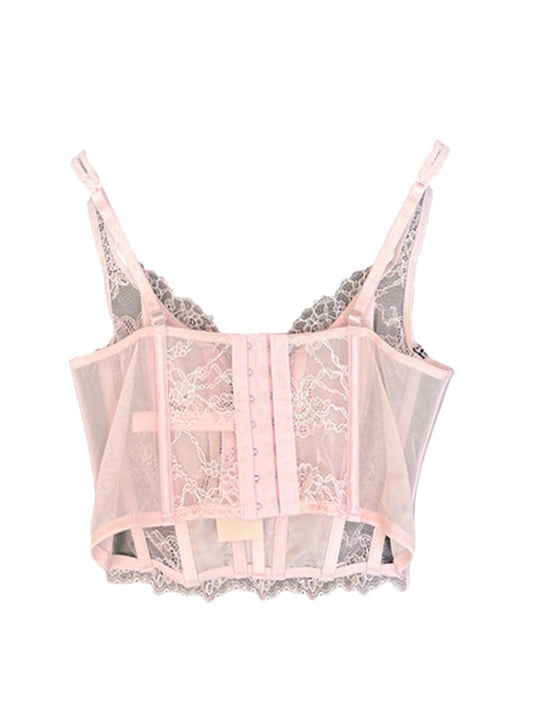 Pink Lace Up Mesh Corset Top