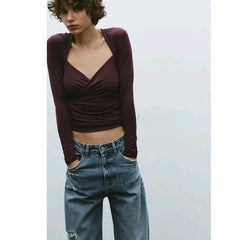 Long Sleeve V-neck Sold Drape Top