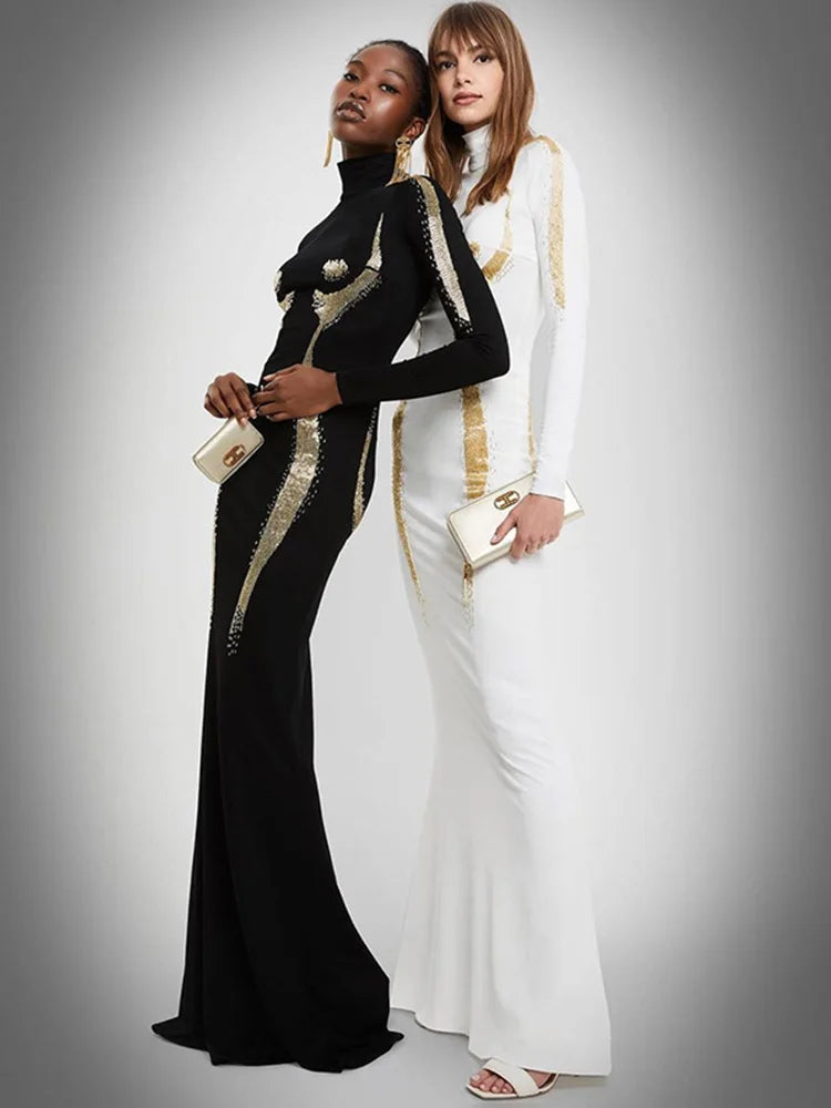 Two women in elegant evening gowns with gold accents on a gray background