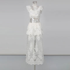 White Sheer Floral Lace High Neck Top and Skirt Set