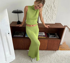 High Neck Knitting Top and Solid Long Skirt Suit