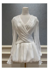 White Pleated V-Neck Long Sleeve Wrap Mini Dress