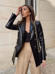 Faux Leather Vintage Black PU Jacket Women Long Coat