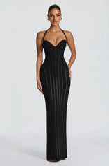 Black ribbed halter maxi dress front view