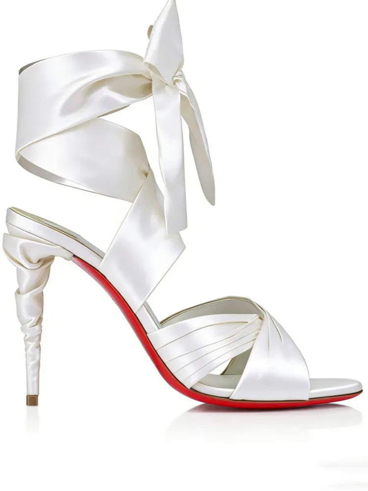 White satin lace up heeled sandals with twisted heel
