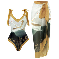 Tie-Strap V-Neck One-Piece Swimsuit with Matching Sarong Set