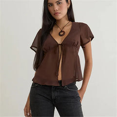 Sheer mesh tie front short sleeve top