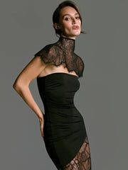 Black Lace Cape Sheer Panel Dress