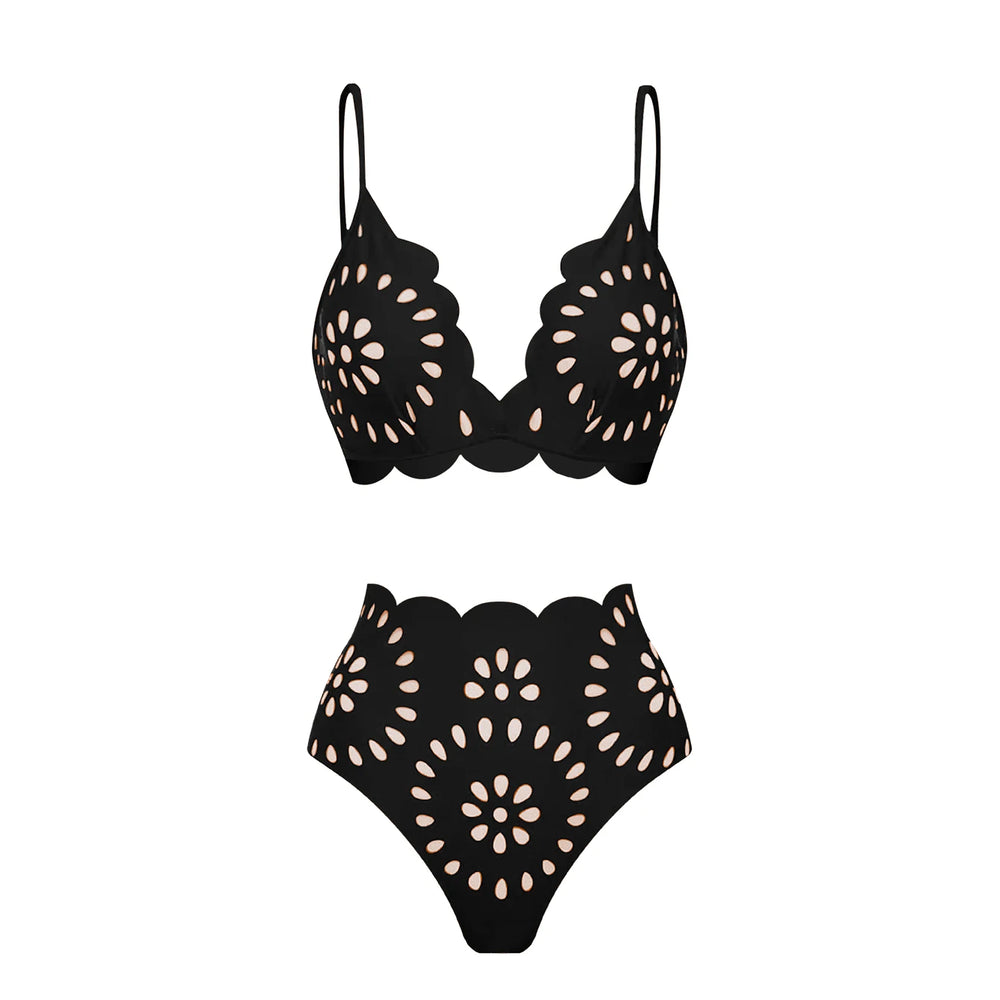 Black scalloped edge eyelet bikini set